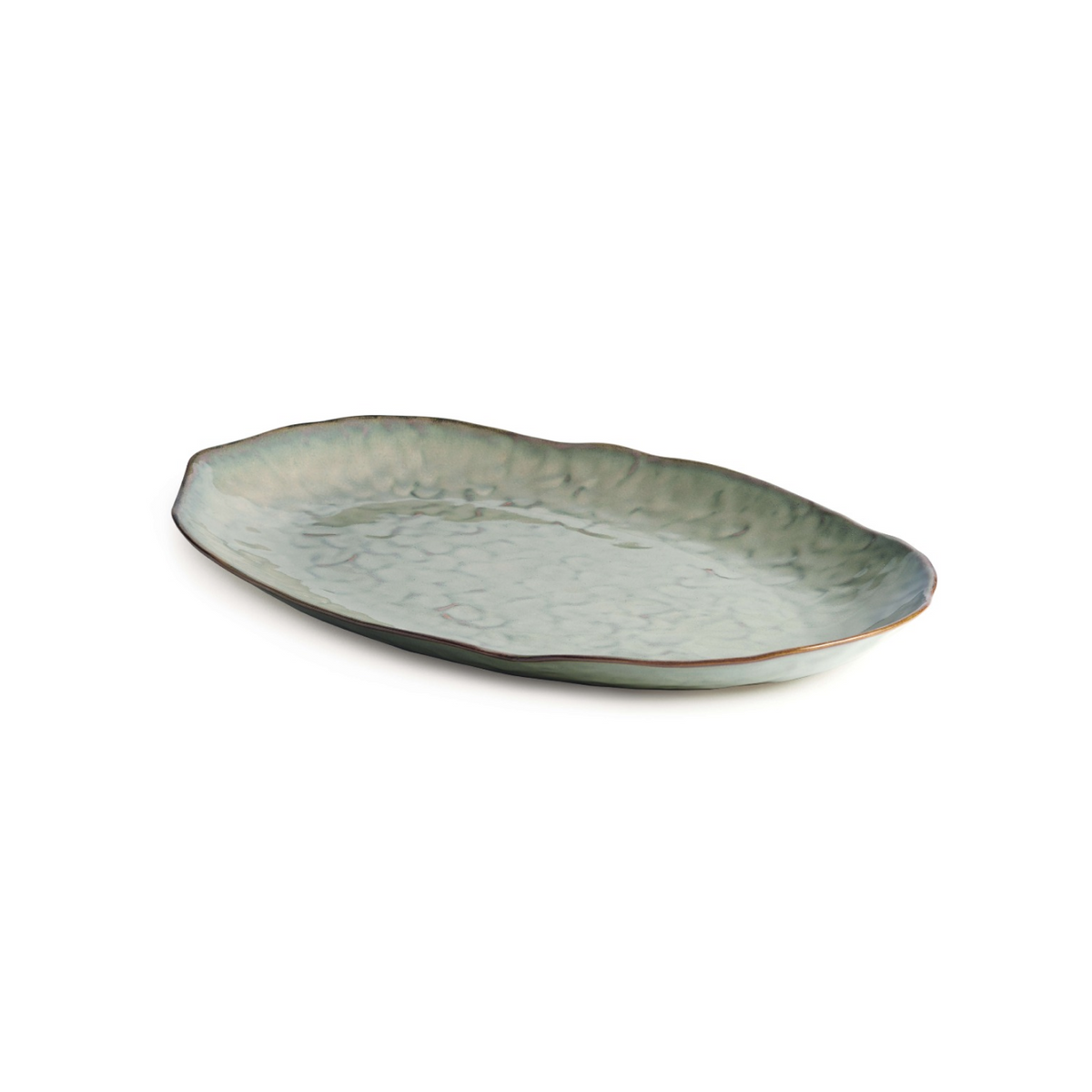 Oval ceramic platter with light gray glaze and textured interior surface.