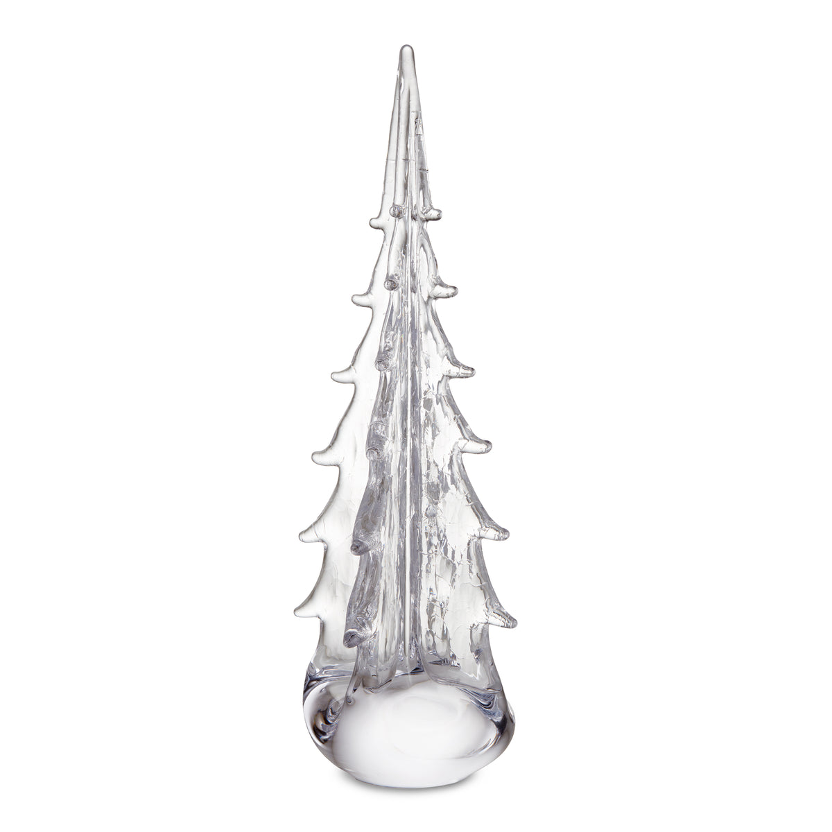Clear glass evergreen tree with four-sided tiered design and crackle texture throughout.