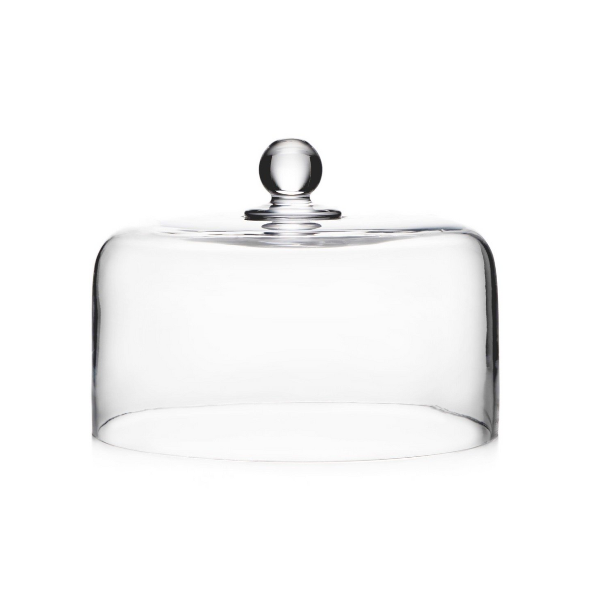 Clear glass dome with spherical knob finial and flat base for covering cakes or food items.