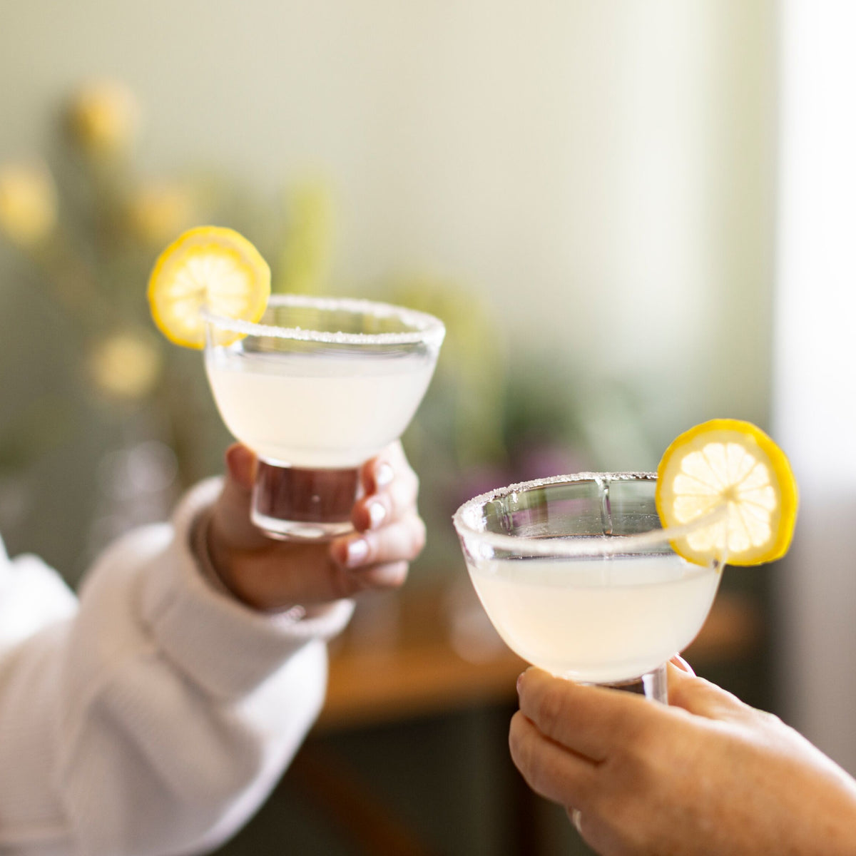Two martini glasses with sugared rims, lemon slices, and clear liquid held by two people outdoors.