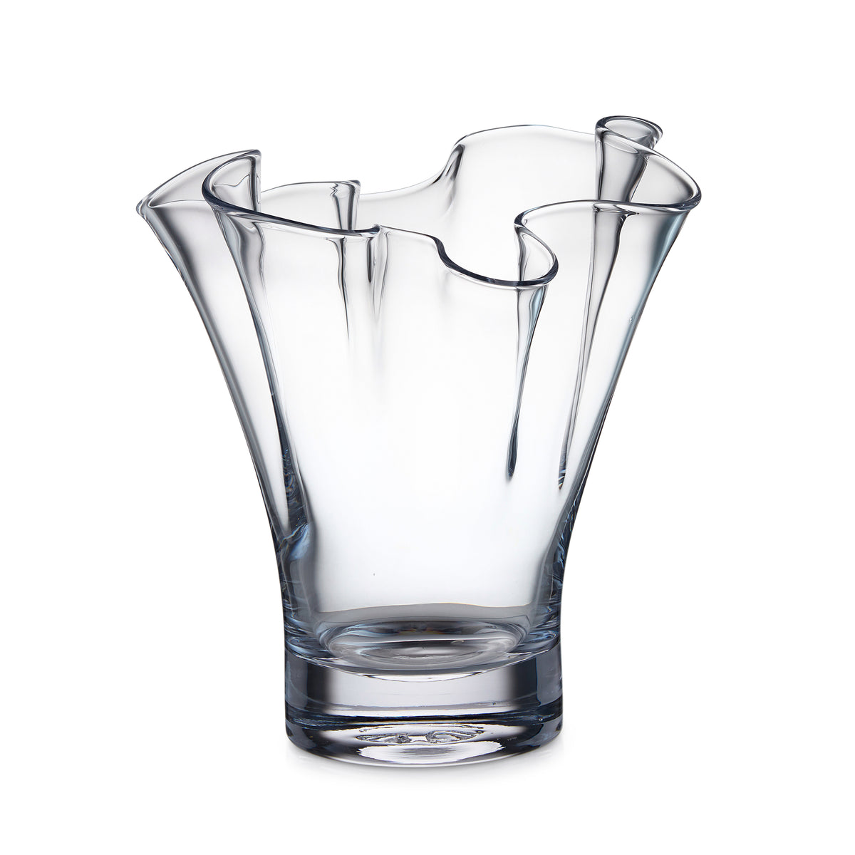 Clear glass vase with wavy ruffled rim and four petal-shaped openings at the top.