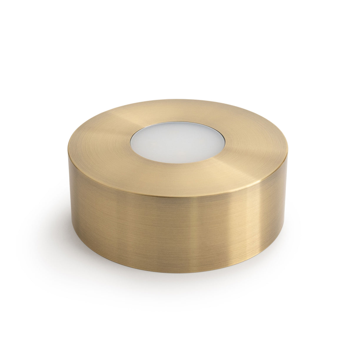 Brushed brass cylindrical base with white frosted glass center opening.