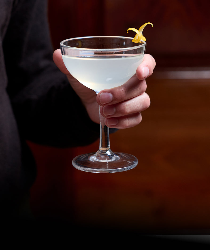 Hand holding glass with a stem with a light yellow drink and lemon twist design on the rim