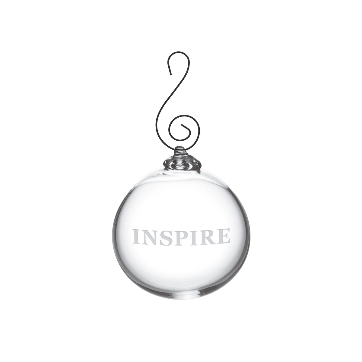 Clear glass round ornament with "INSPIRE" engraved on front and decorative metal hook.