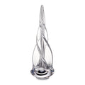 Clear glass spiral tree sculpture with tapered cone shape and twisted vertical ridges, 16 inches tall.
