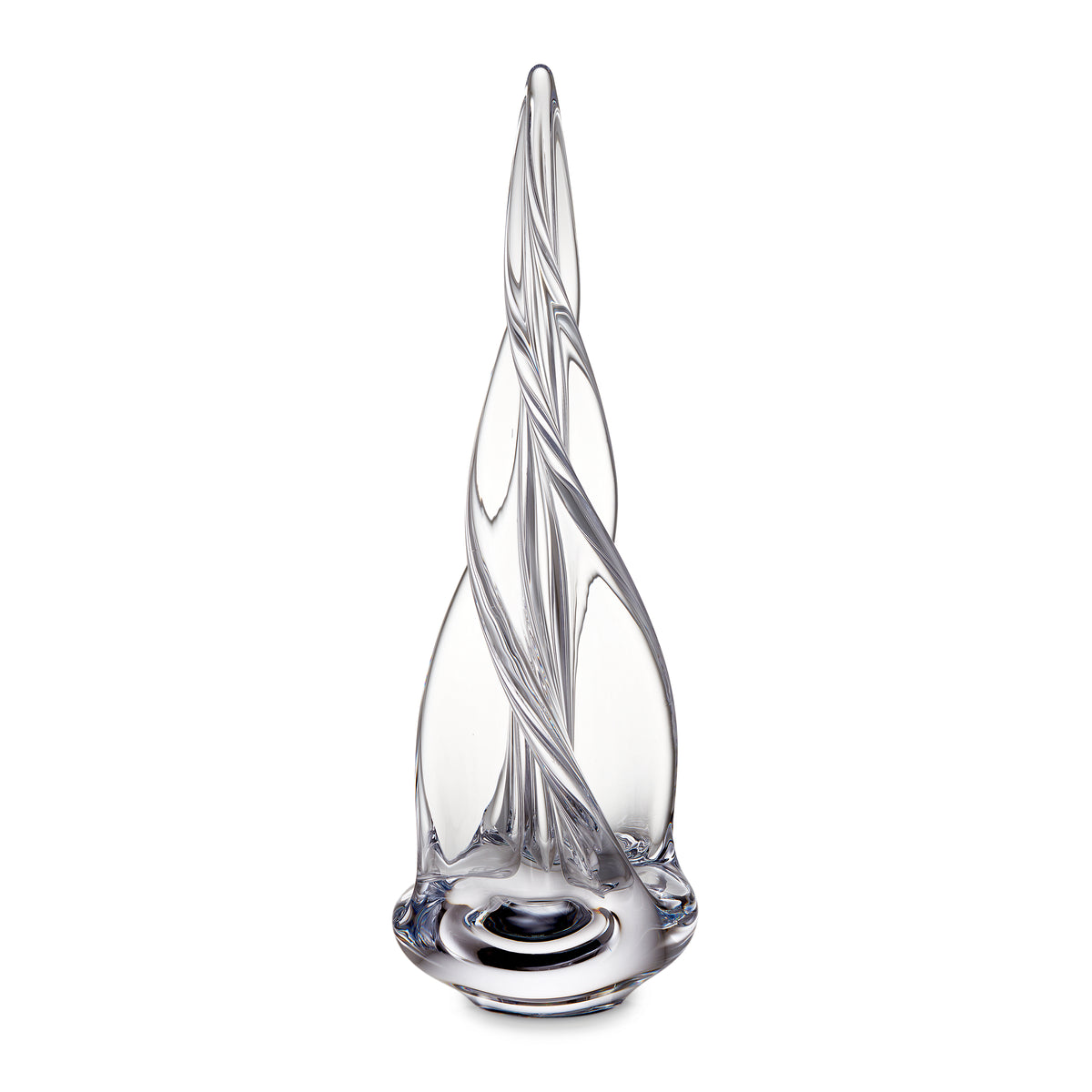 Clear glass spiral tree sculpture with tapered cone shape and twisted vertical ridges, 16 inches tall.