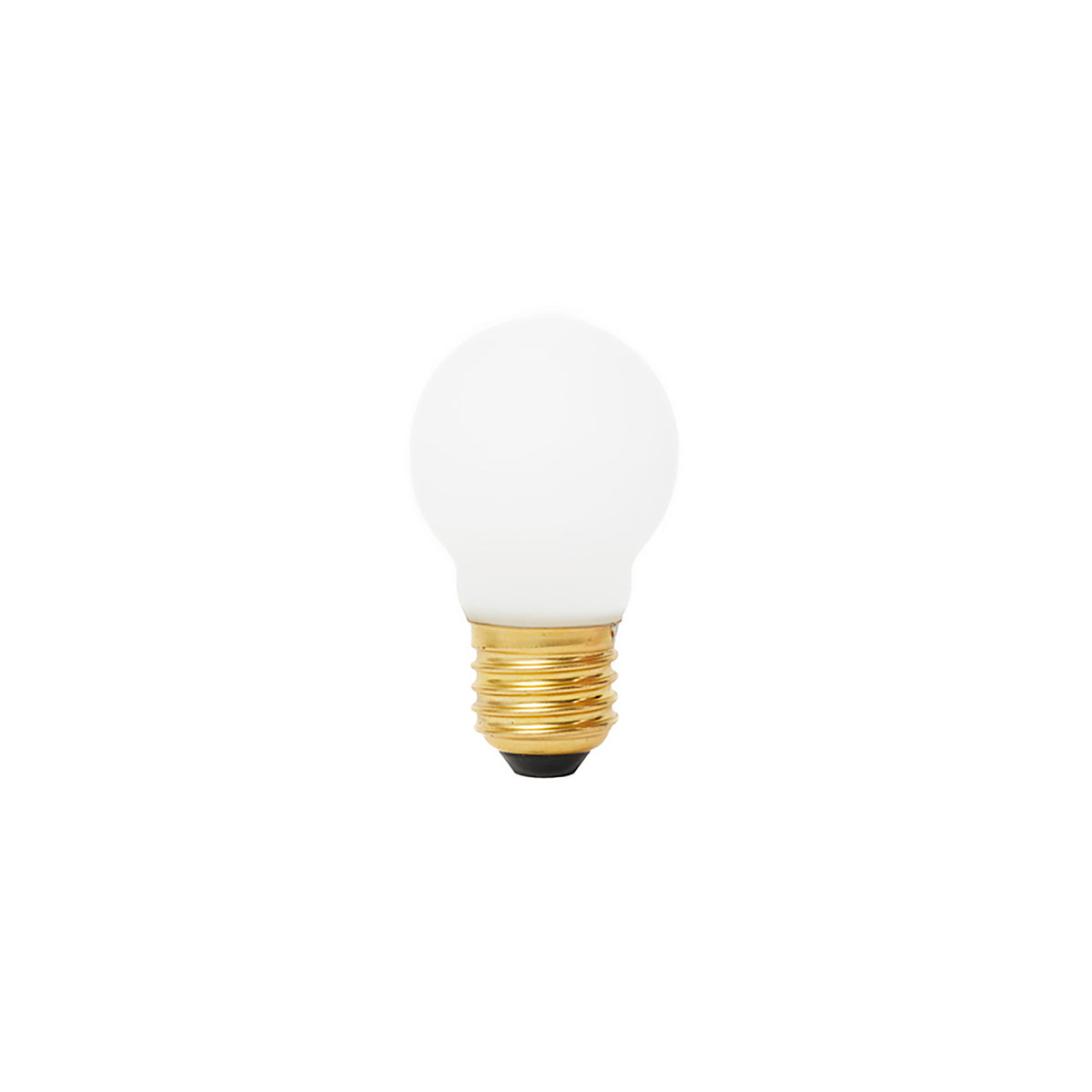 Matte white spherical LED bulb with brass screw base and black contact point.
